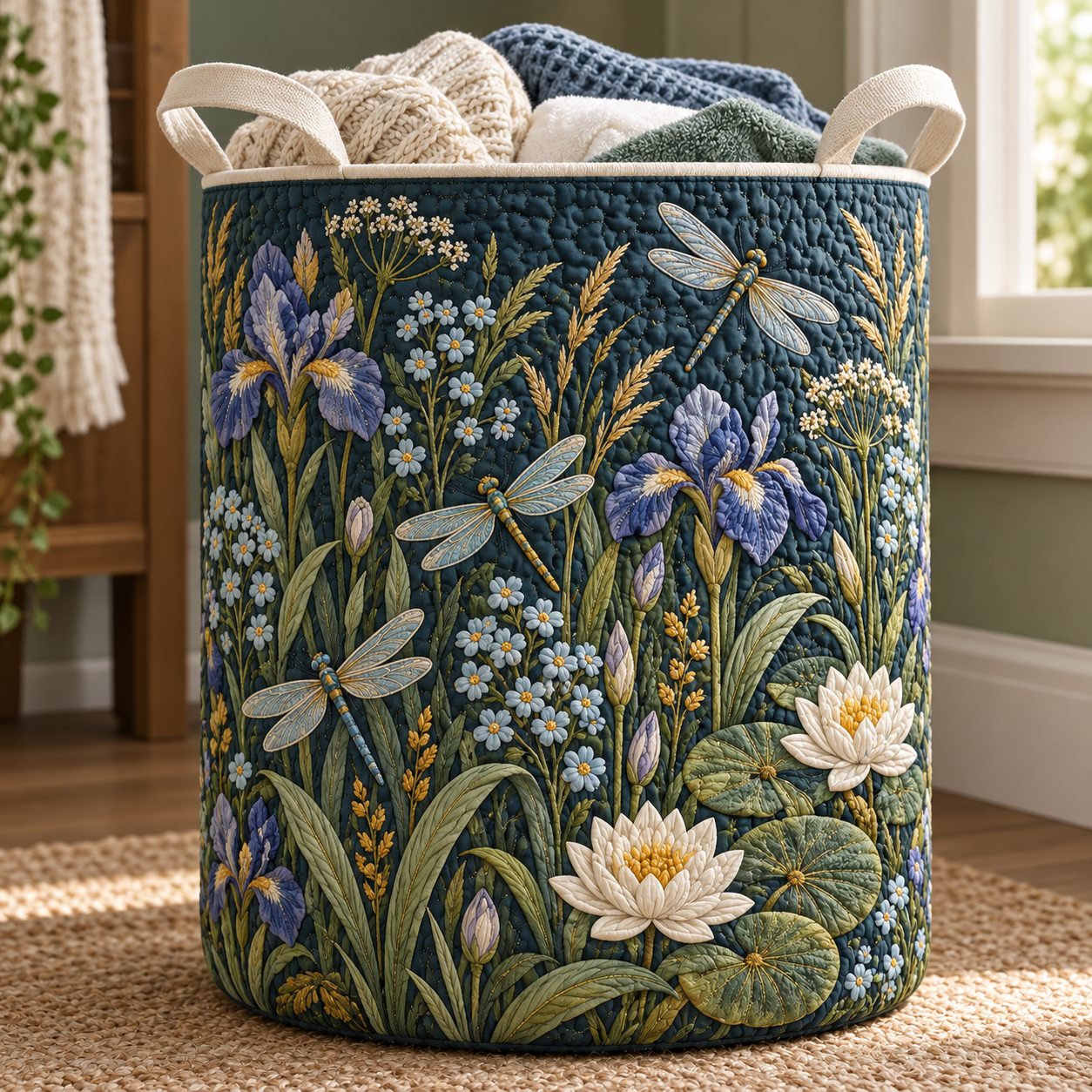 Dragonfly Iris Pond Quilted Laundry Basket