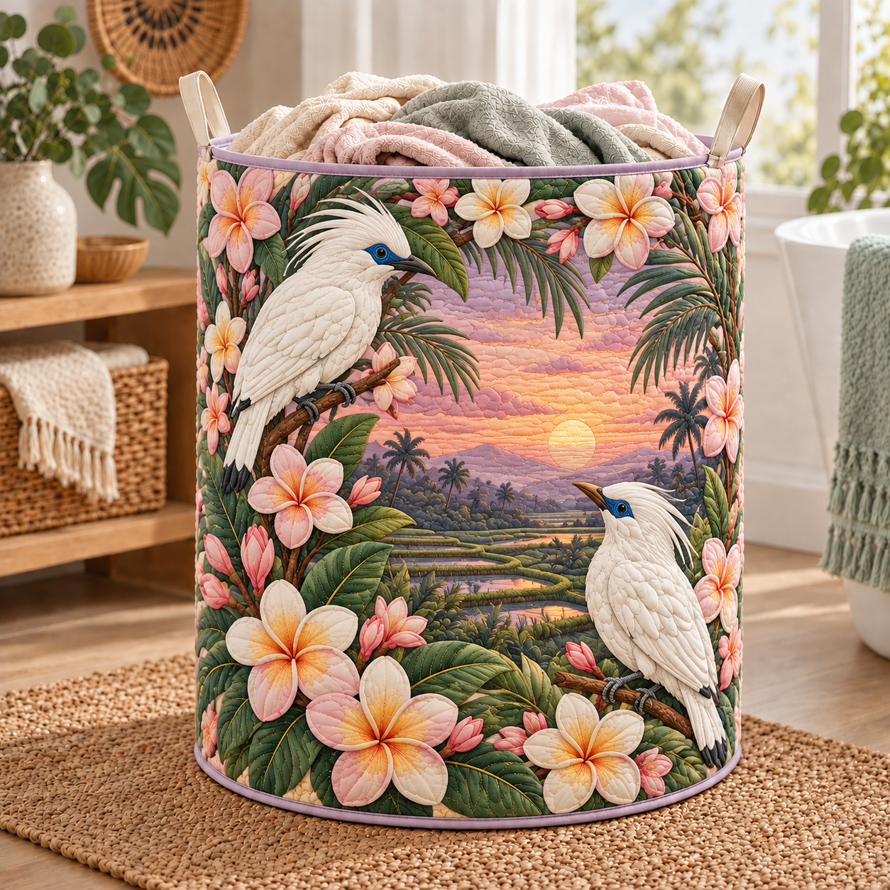 White Cockatoo Plumeria Sunset Quilted Laundry Basket