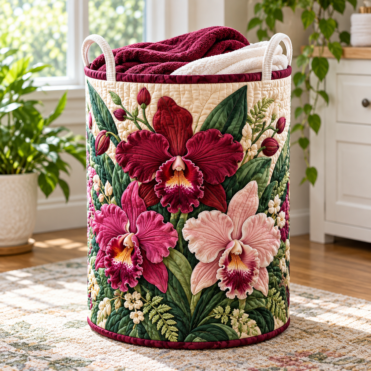 Burgundy Pink Orchid Bouquet Quilted Laundry Basket