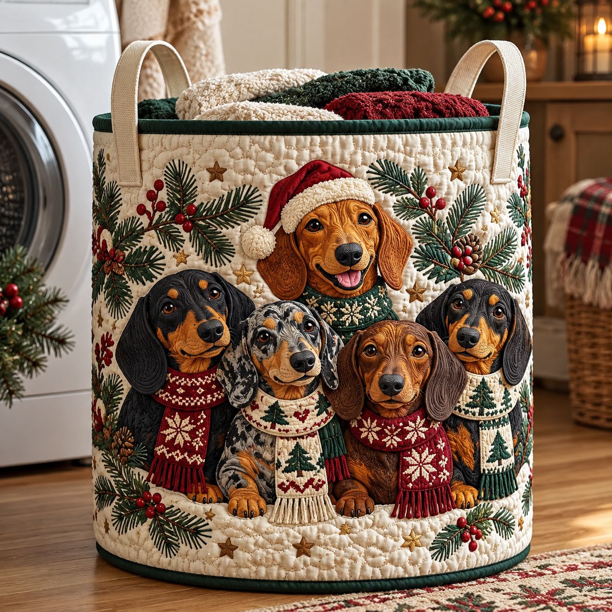 Christmas Dachshund Sweater Dogs Quilted Laundry Basket