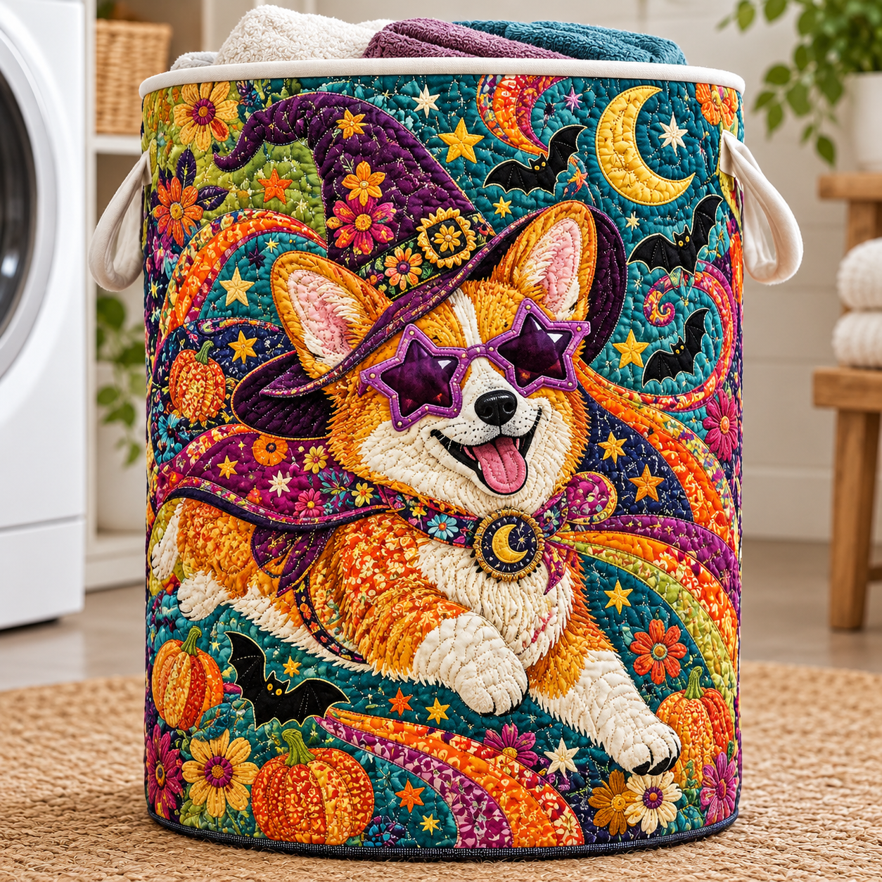 Groovy Corgi Halloween Quilted Laundry Basket