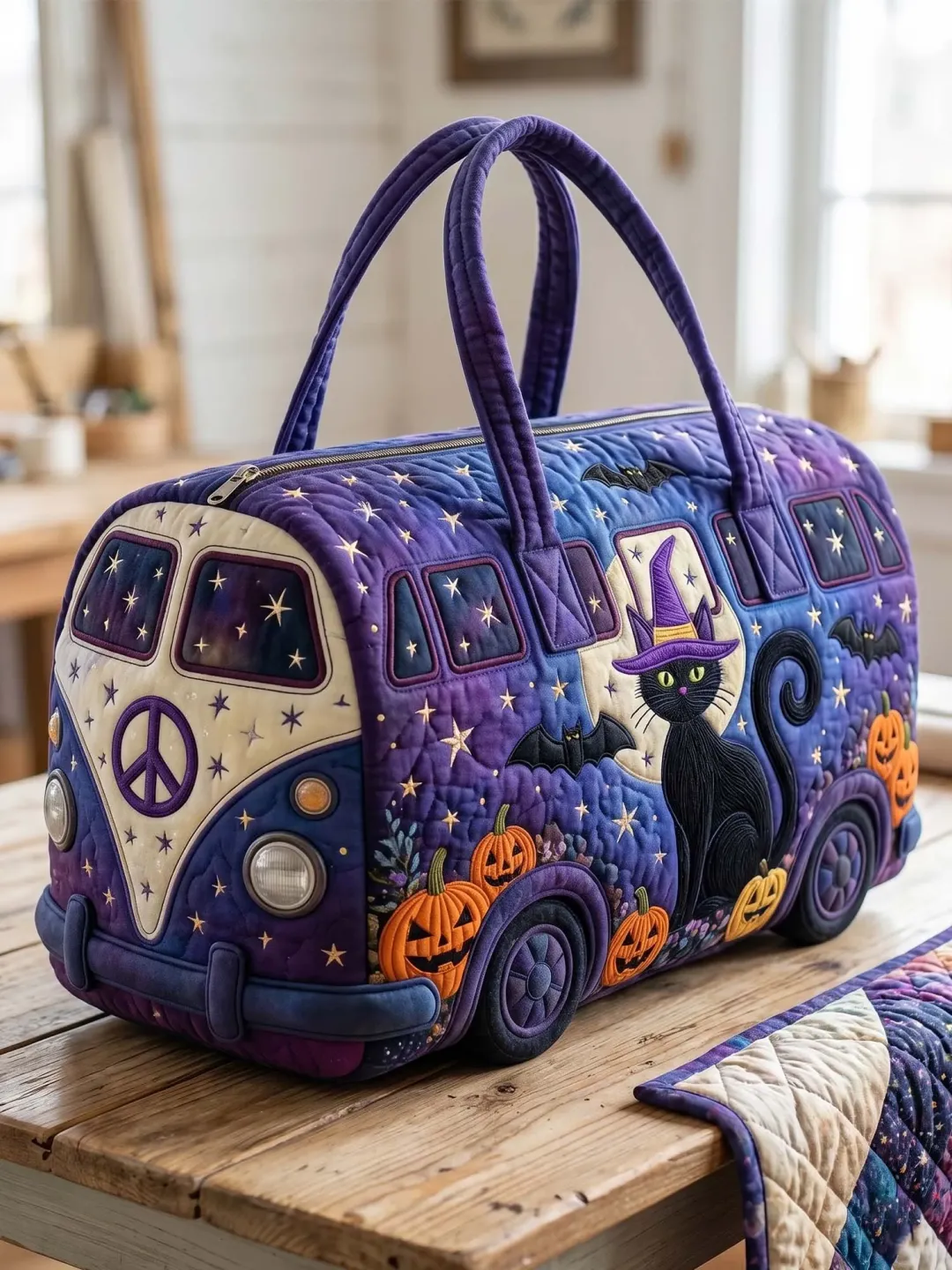 Starry Black Cat Witch Bus Quilted Duffle Bag