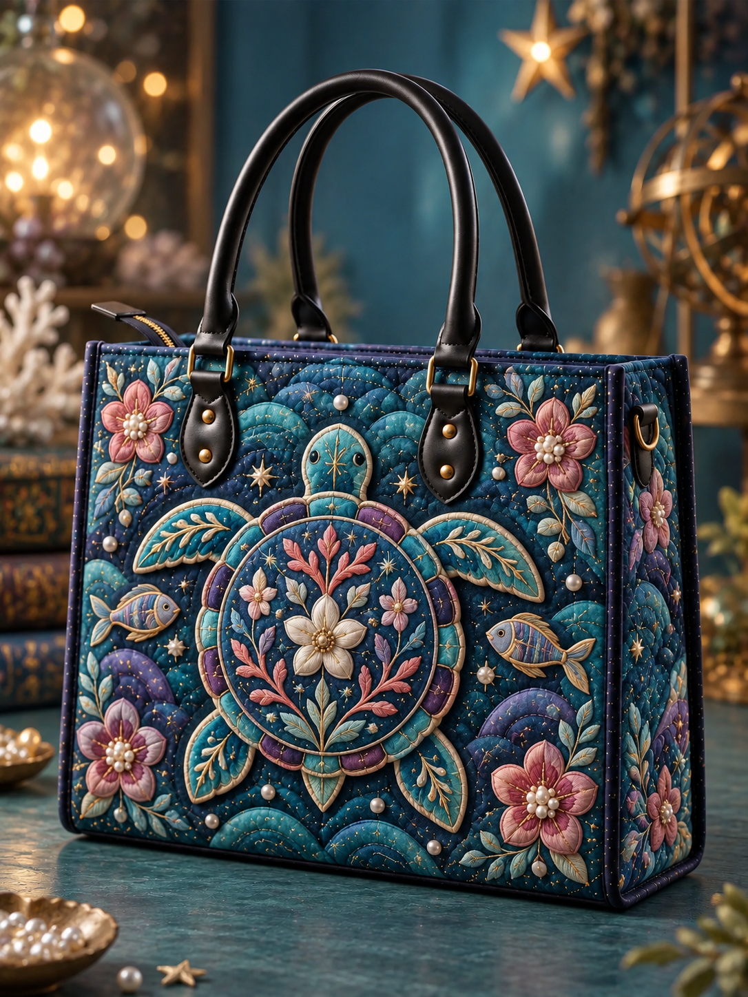 Floral Ocean Medallion Quilted Leather Strap Bible Handbag