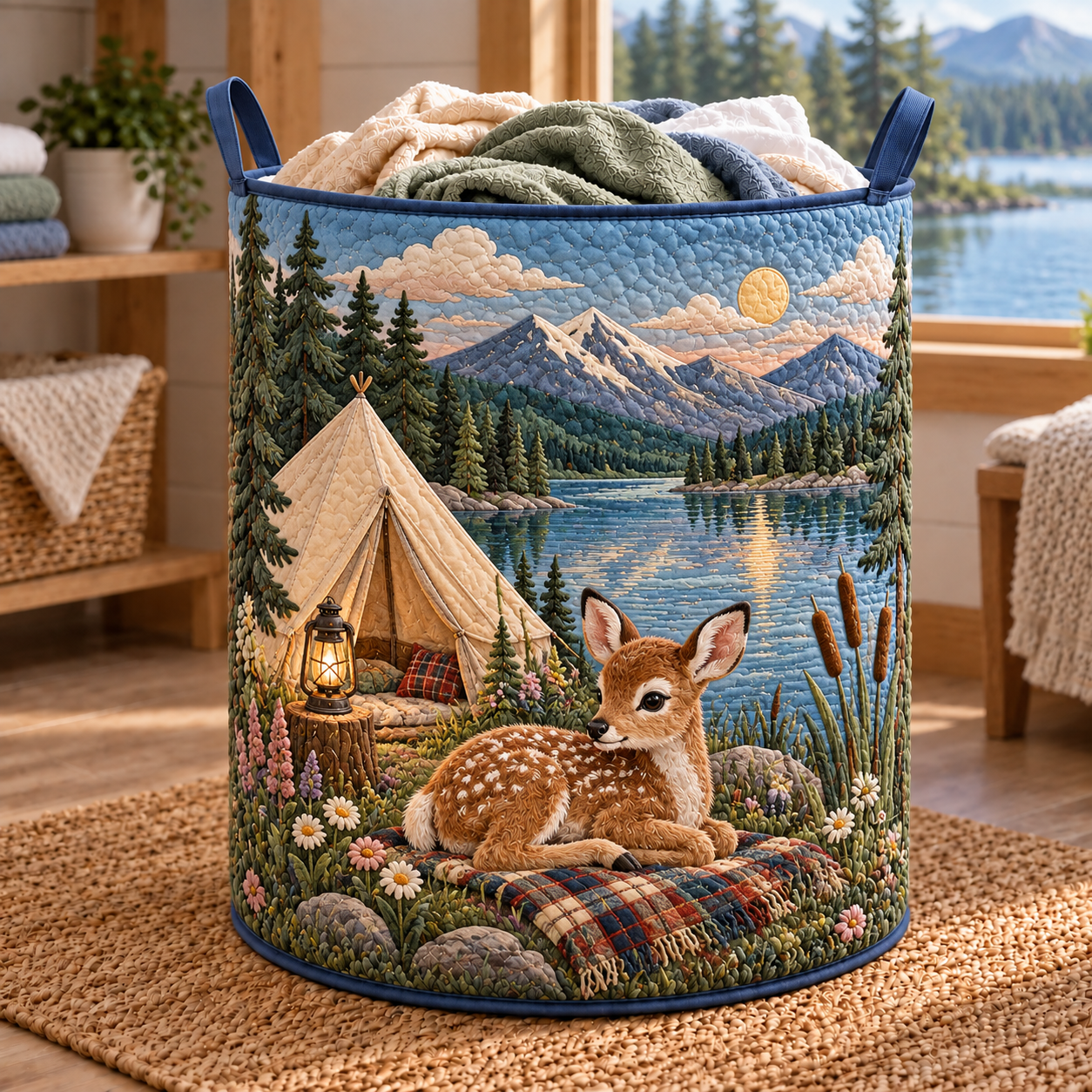 Fawn Tent by the Lake Quilted Laundry Basket