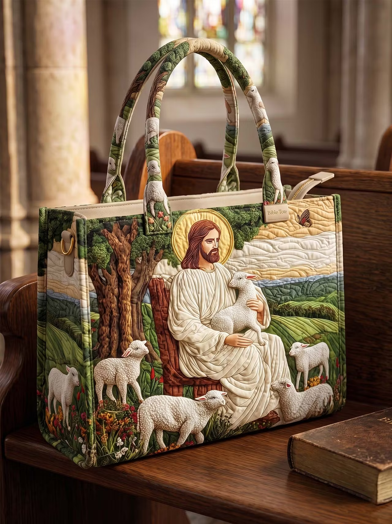 Jesus Embracing A Lamb Quilted Leather Strap Bible Handbag