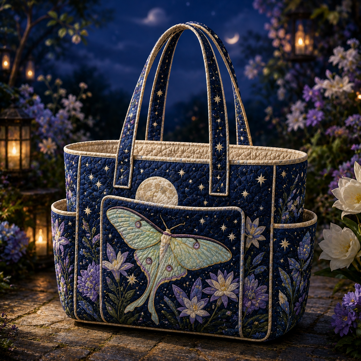 Moonlit Luna Moth Multiple Pockets Quilted Tote Bag