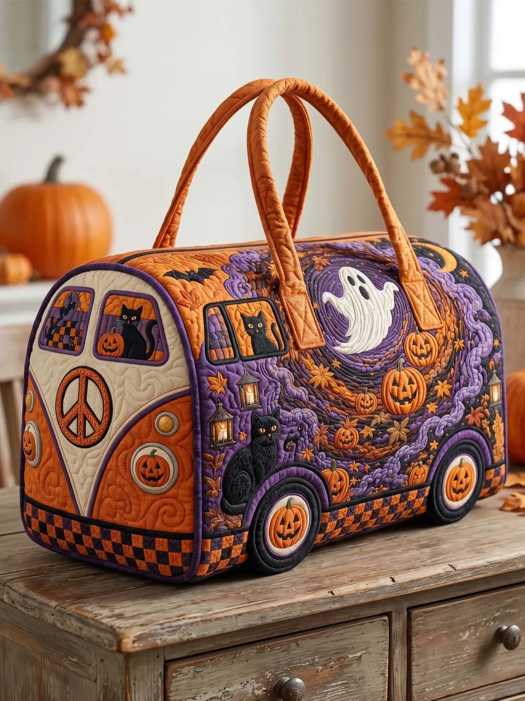 Black Cat Ghost Halloween Bus Quilted Duffle Bag