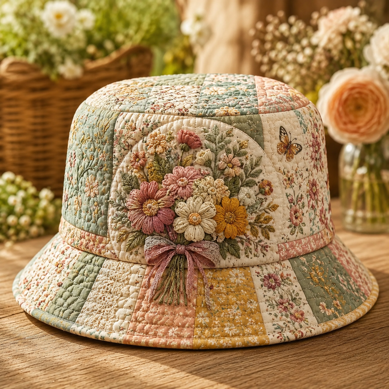 Vintage Floral Bouquet Patchwork Quilted Fishing Hat