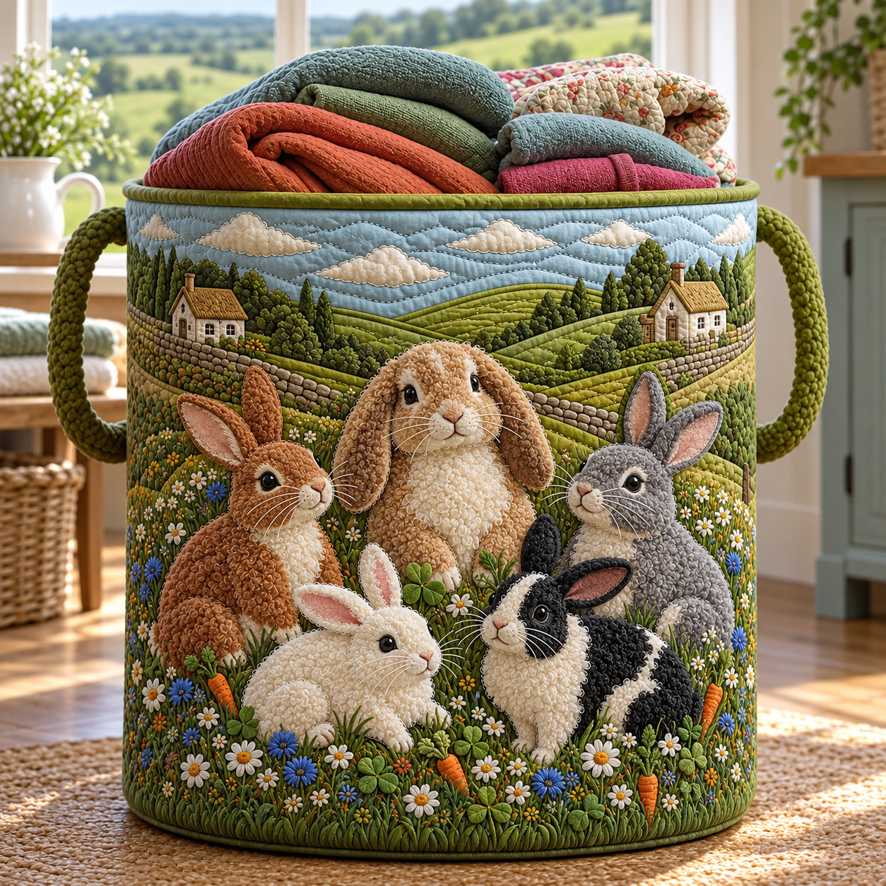 Bunny Family Countryside Quilted Laundry Basket