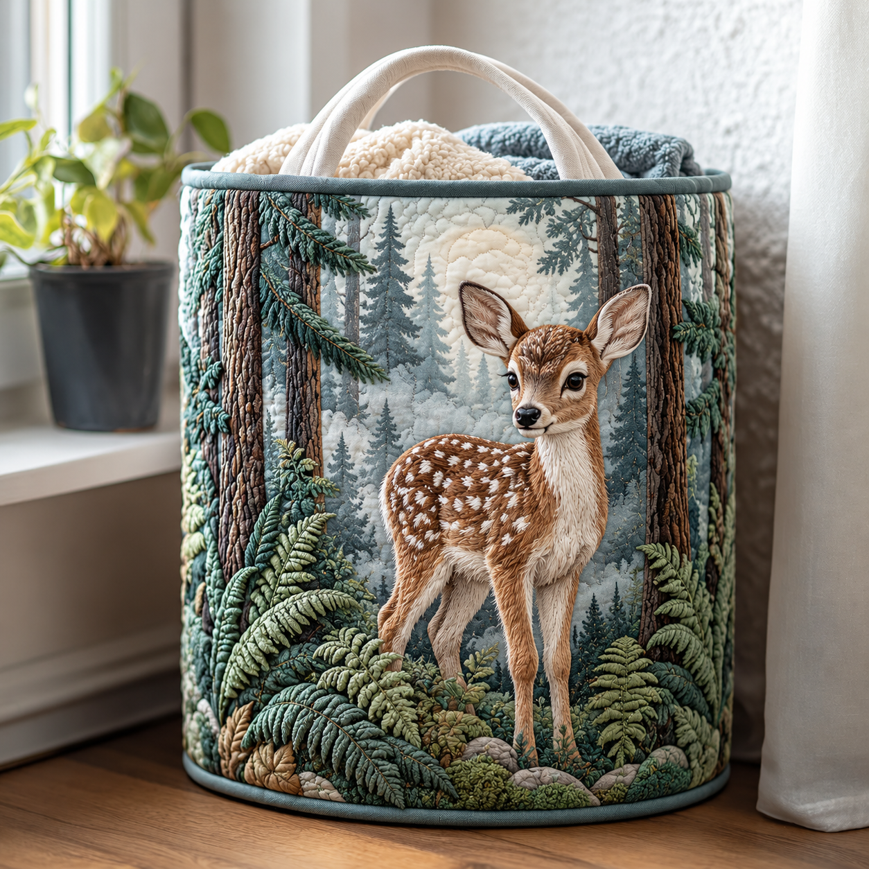 Woodland Fawn Forest Quilted Laundry Basket