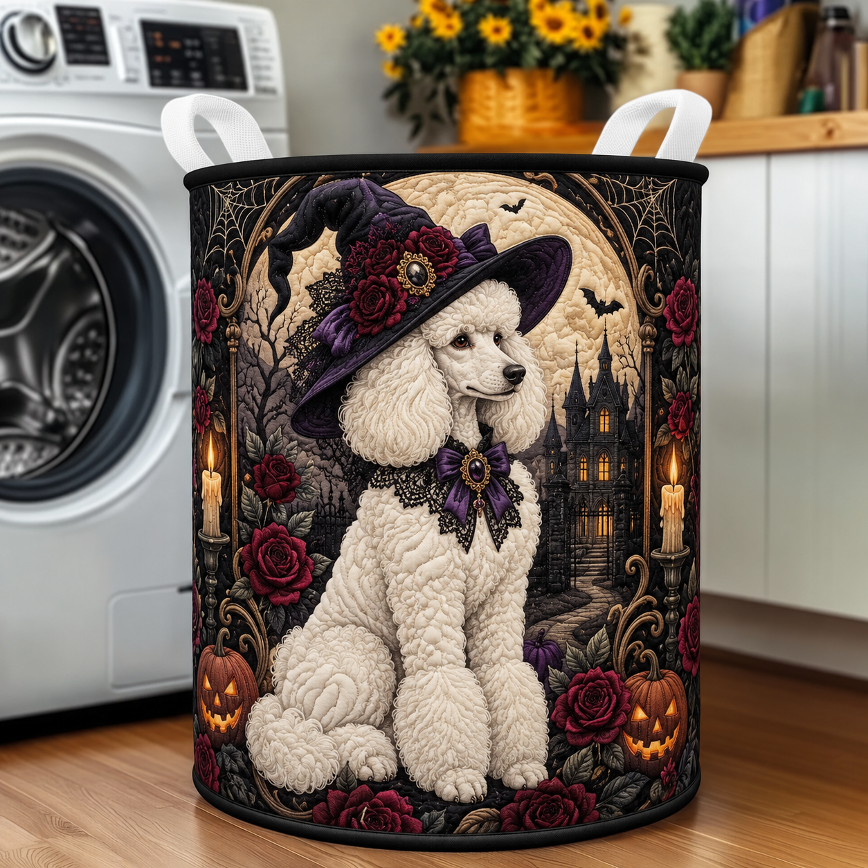 White Poodle Witch Halloween Quilted Laundry Basket