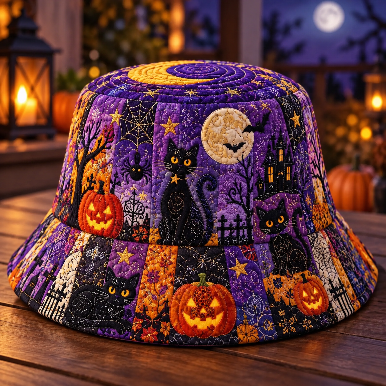 Black Cat Halloween Night Quilted Fishing Hat