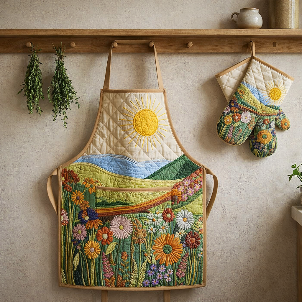 Sun And Flower Quilted Apron Set (2-Piece) – Padded Apron + Heat-Resistant Oven Mitts