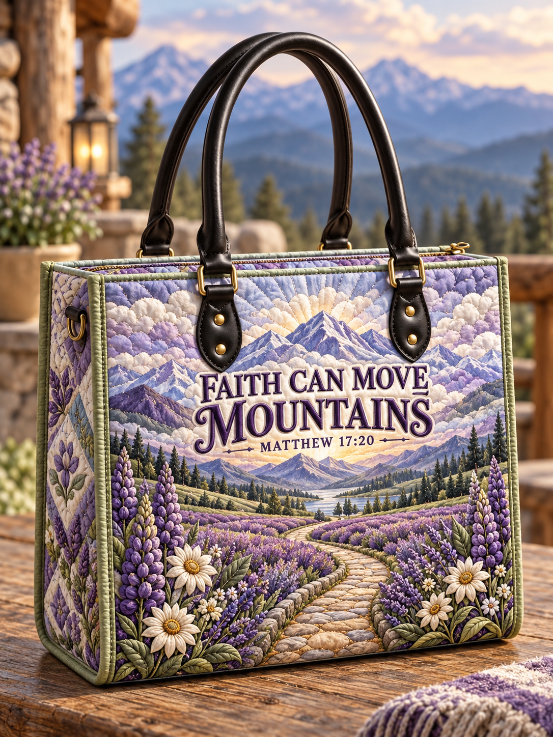 Faith Can Move Mountains Lavender Path Quilted Leather Strap Bible Handbag