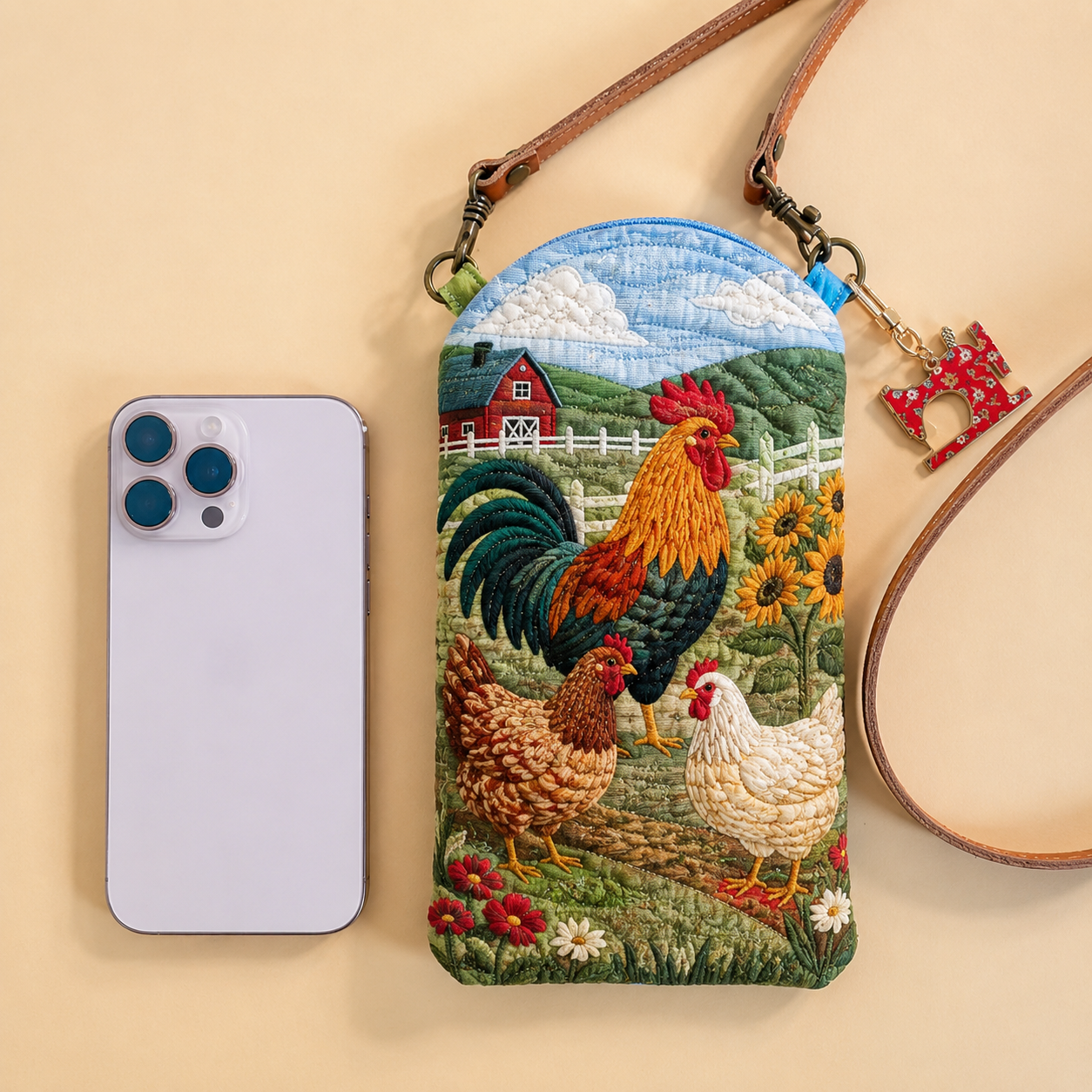 Rustic Rooster Trio Quilted Slim Phone Crossbody Bag