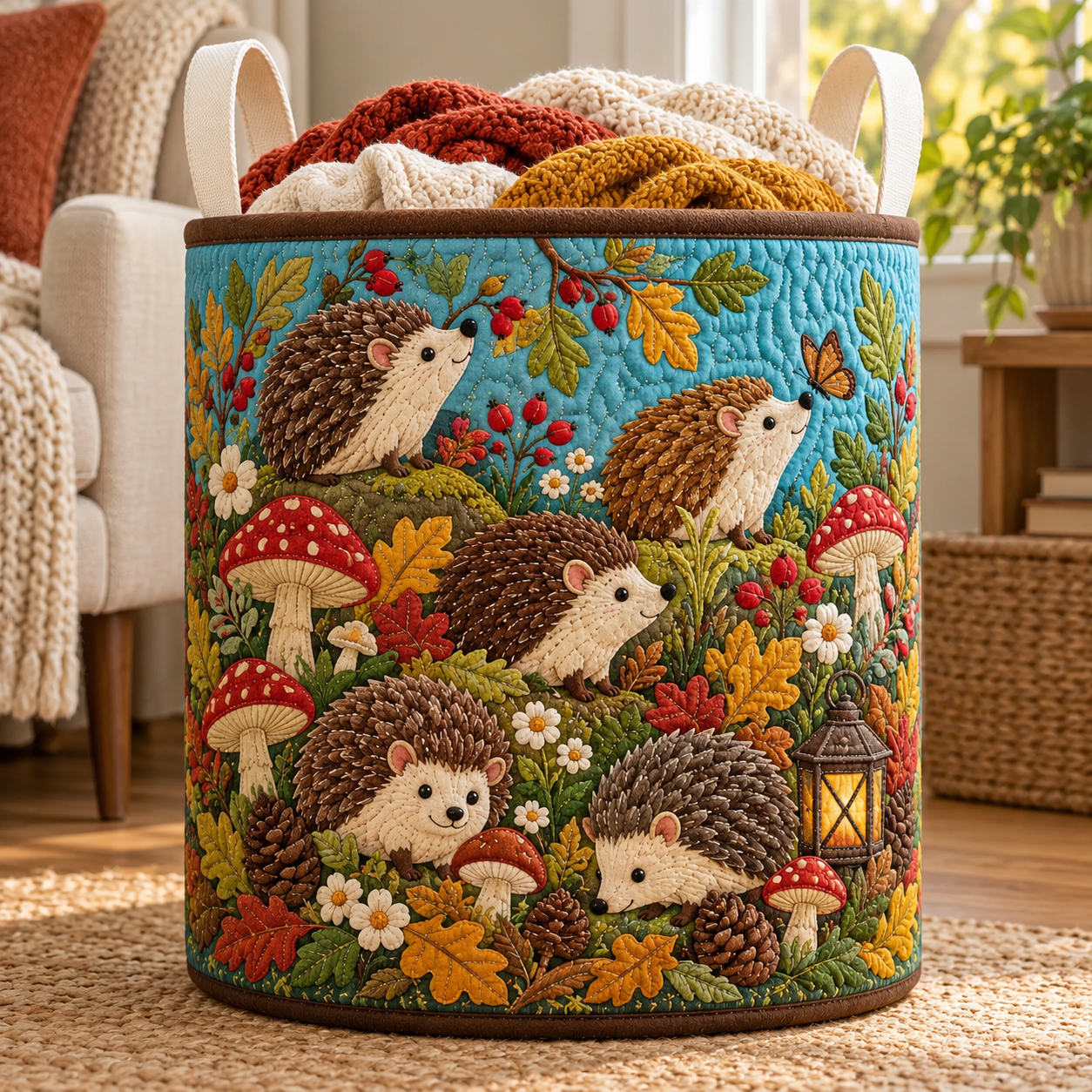 Whimsical Hedgehog Meadow Quilted Laundry Basket