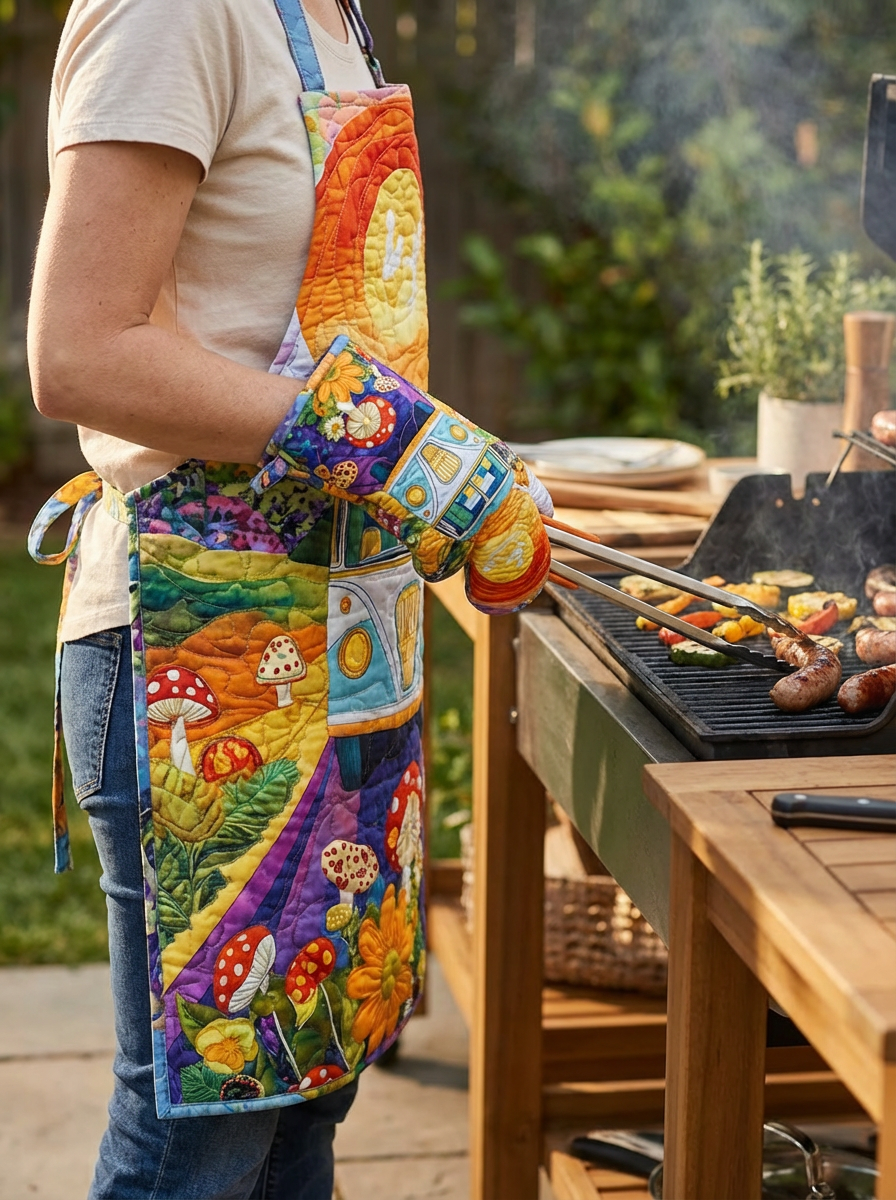 Hippie Van Quilted Apron Set (2-Piece) – Padded Apron + Heat-Resistant Oven Mitts