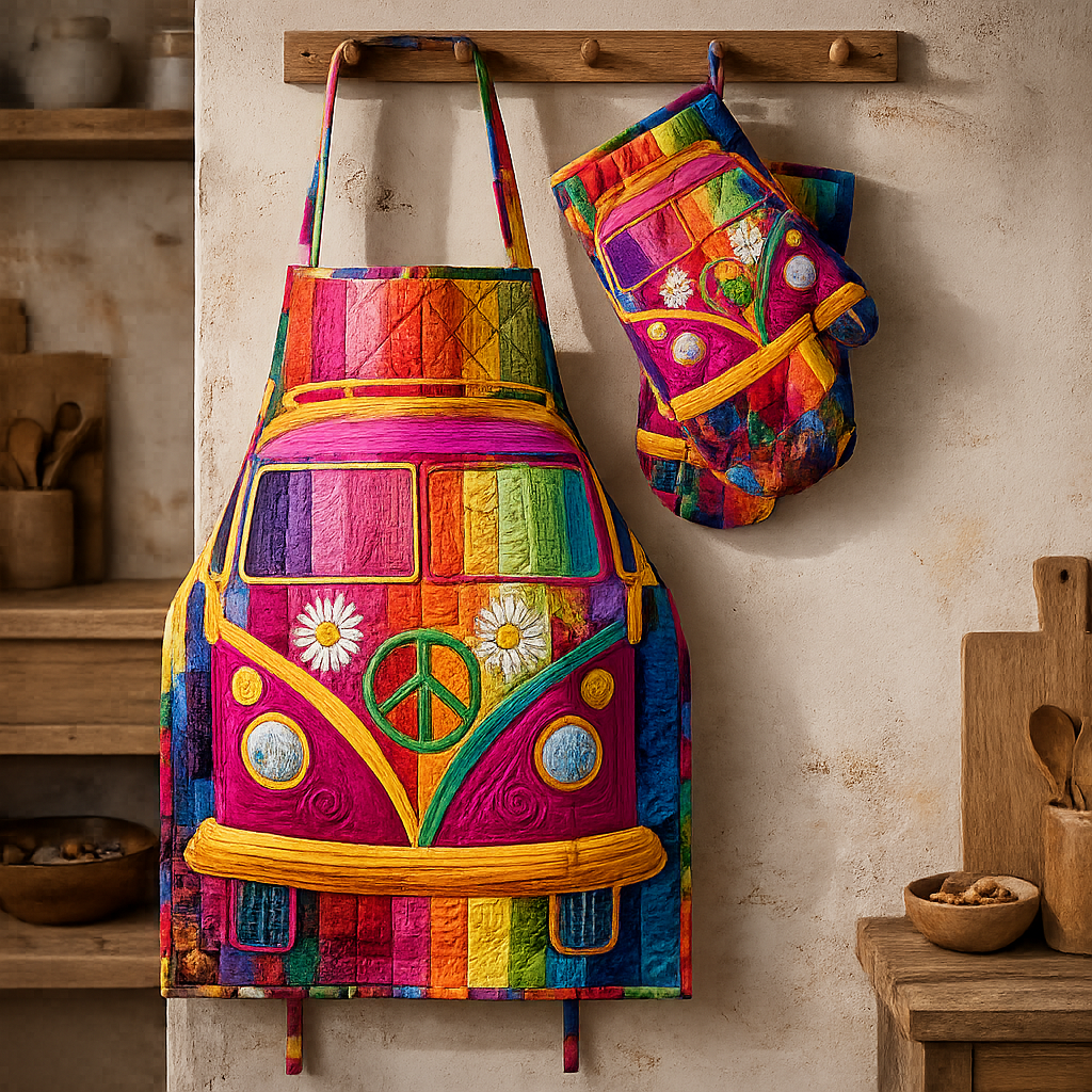 Hippie Van Quilted Apron Set (2-Piece) – Padded Apron + Heat-Resistant Oven Mitts