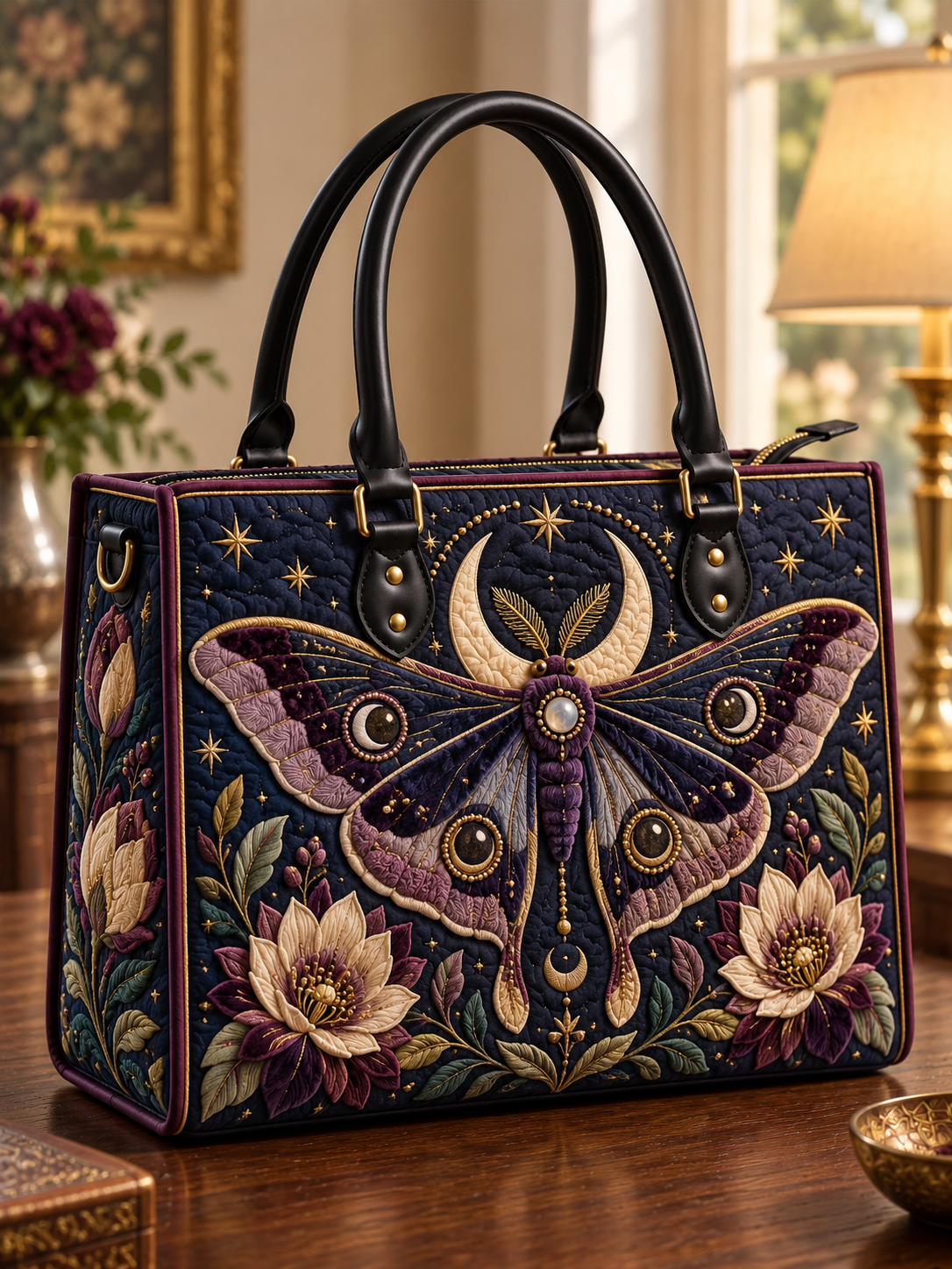Moonlit Moth Garden Quilted Leather Strap Bible Handbag