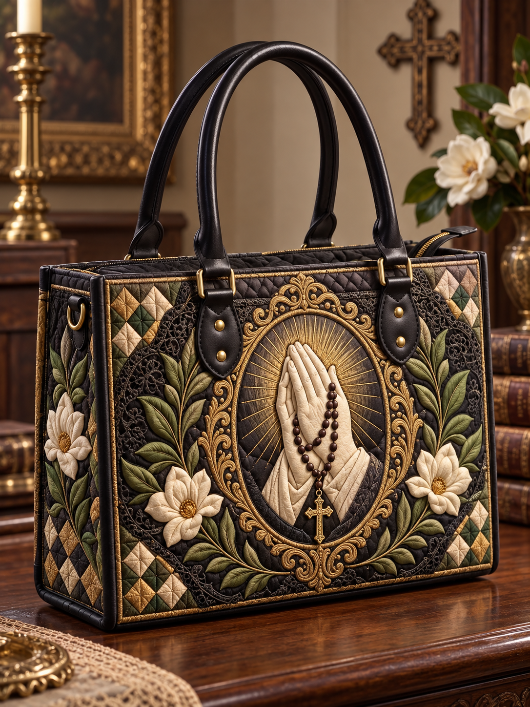 Vintage Praying Hands Quilted Leather Strap Bible Handbag