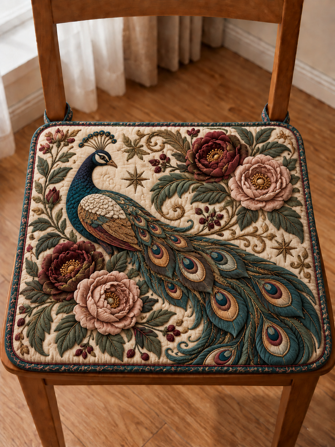 Peacock Floral Garden Quilted Chair Cushion