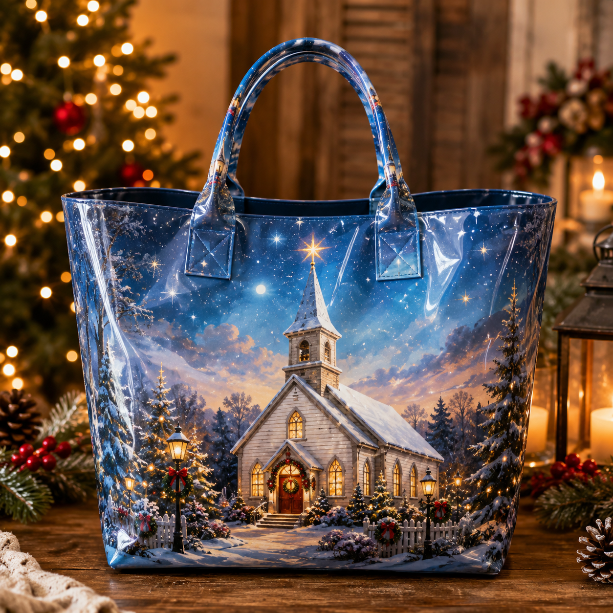 Snowy Christmas Church PVC Tote Bag