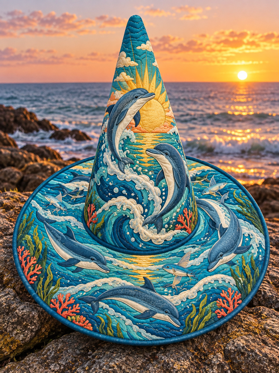 Sunset Whale Wave Quilted Witch Hat