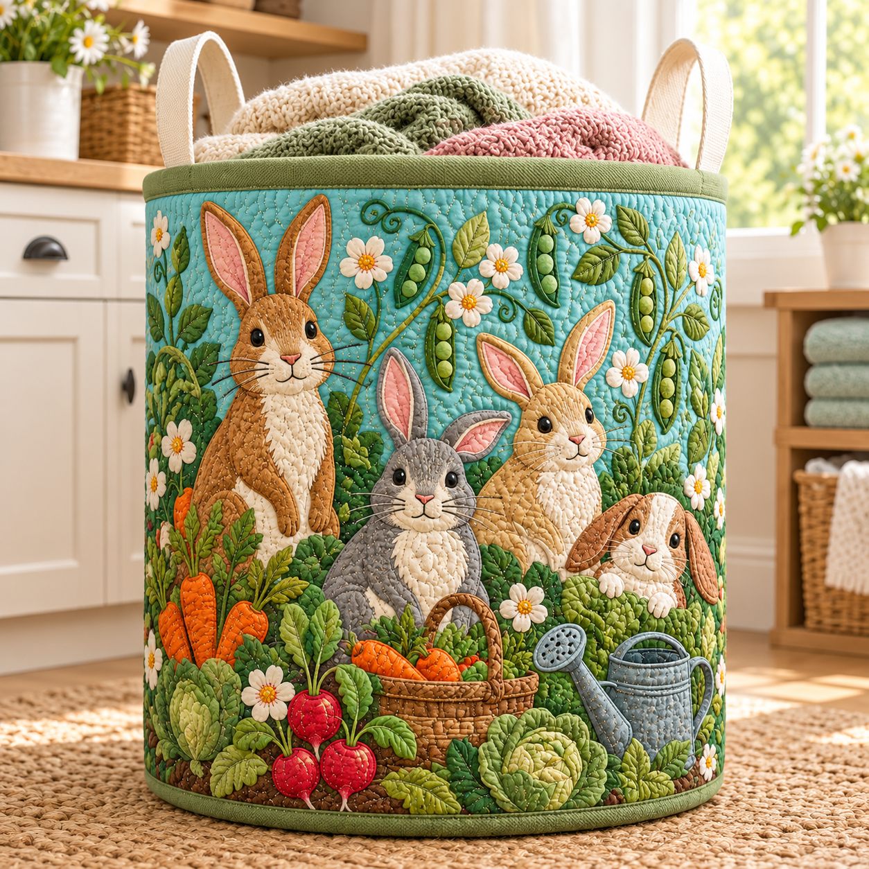 Spring Bunny Garden Quilted Laundry Basket