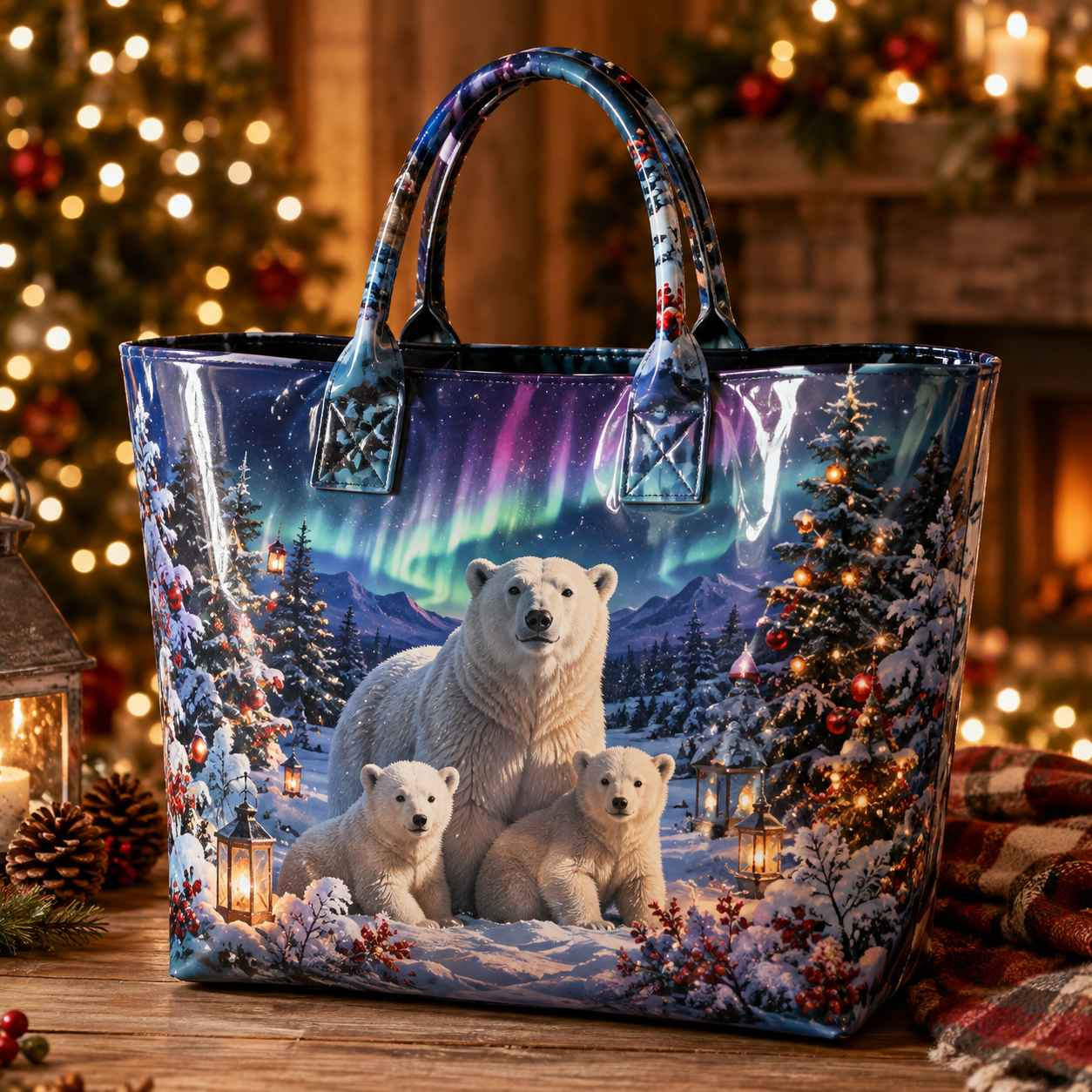 Polar Bear Aurora Christmas PVC Tote Bag