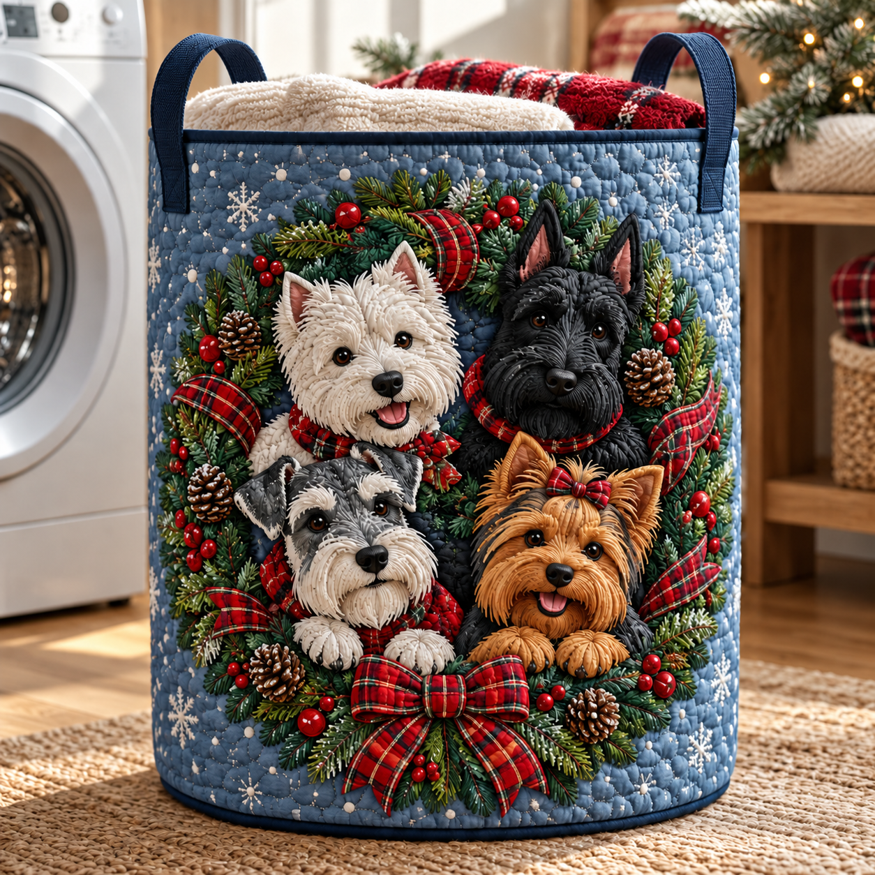 Holiday Dog Wreath Quilted Laundry Basket