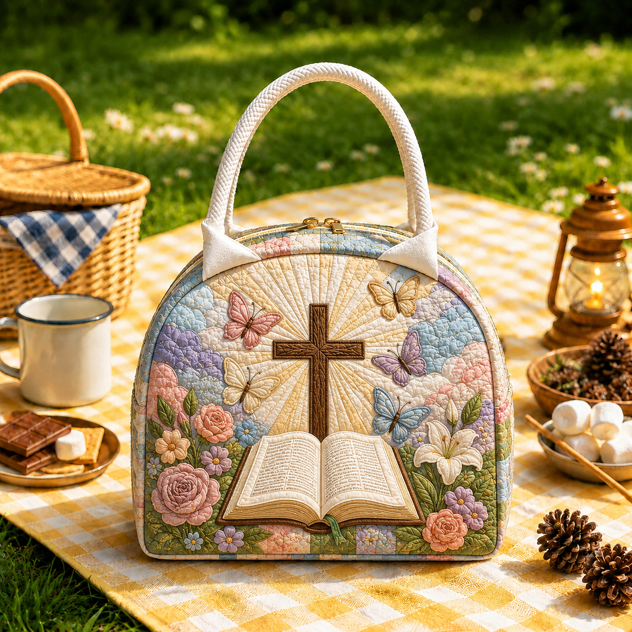 Cross Bible & Butterflies Quilted Lunch Bag