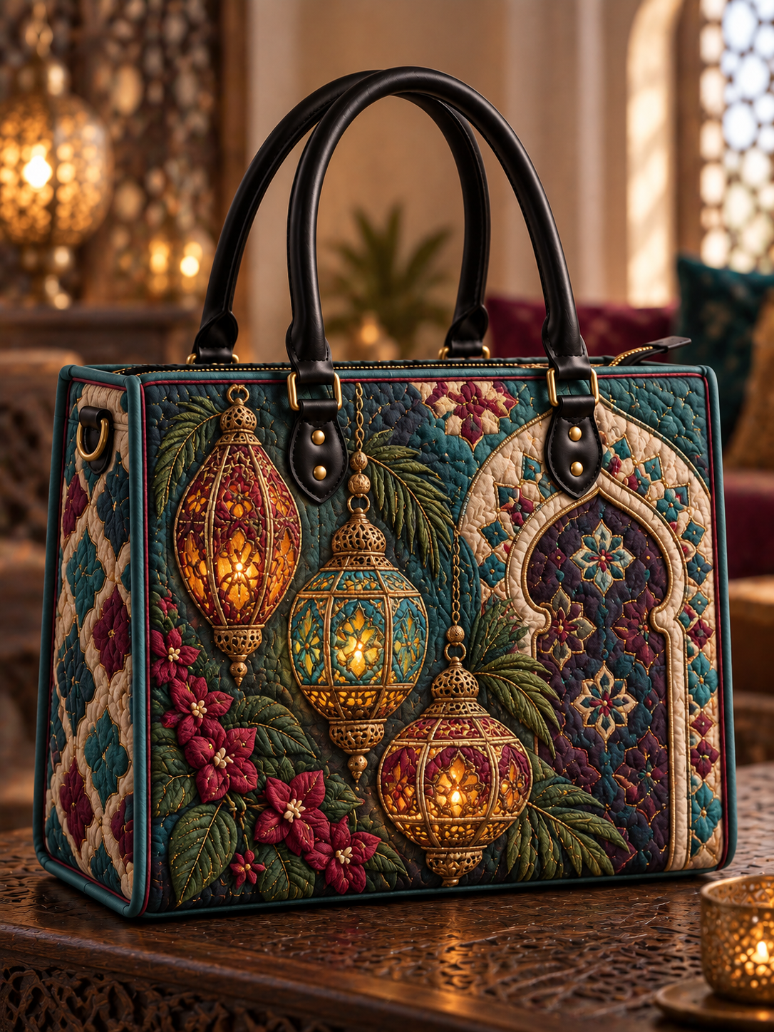 Boho Lantern Blossom Quilted Leather Strap Bible Handbag