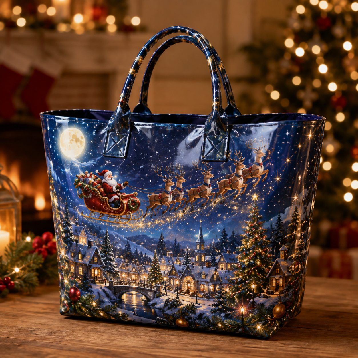 Santa Sleigh Moonlit Village PVC Tote Bag