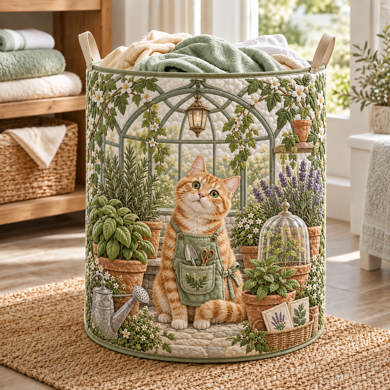 Greenhouse Cat Garden Quilted Laundry Basket