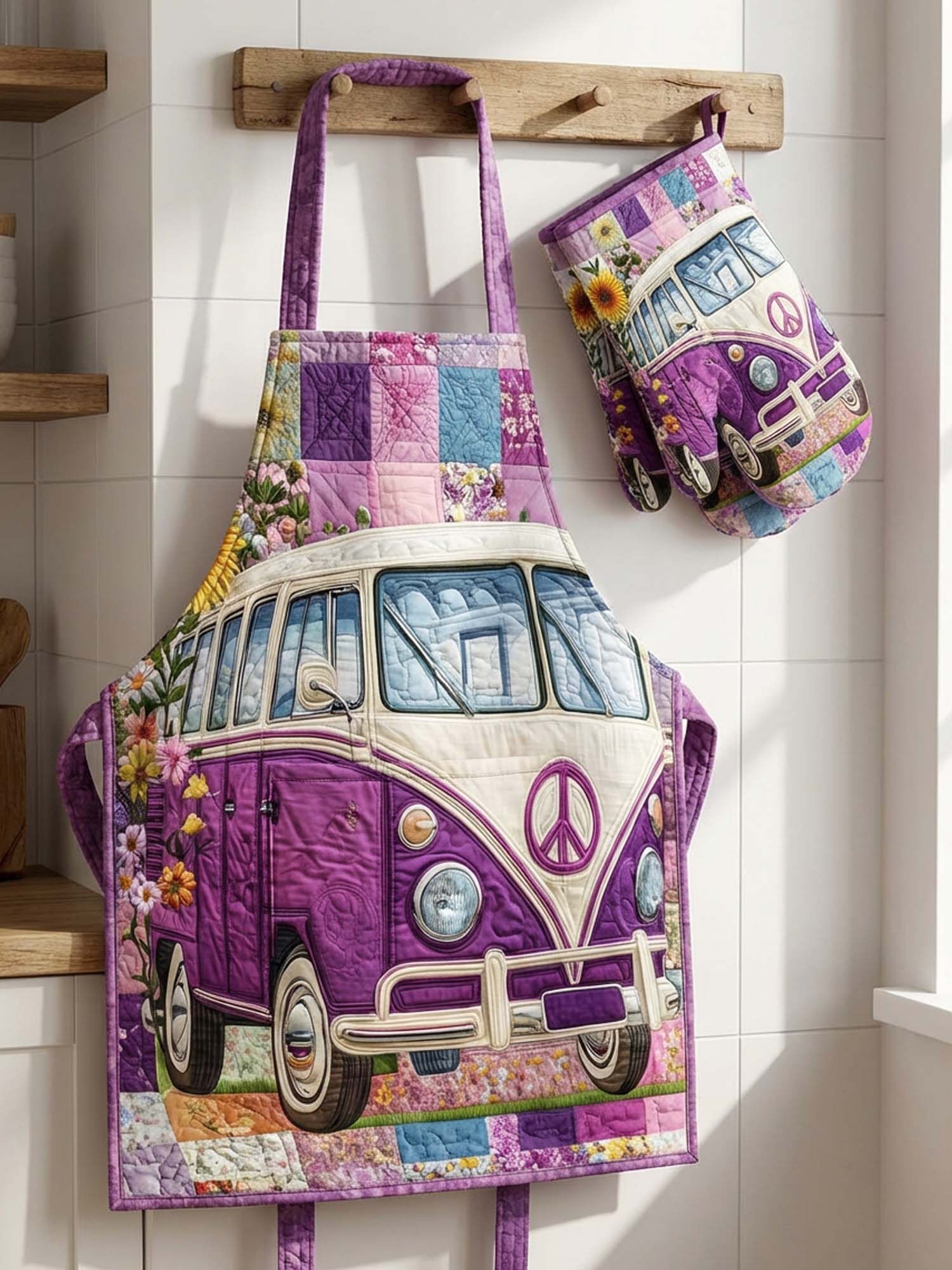 Hippie Van Quilted Apron Set (2-Piece) – Padded Apron + Heat-Resistant Oven Mitts