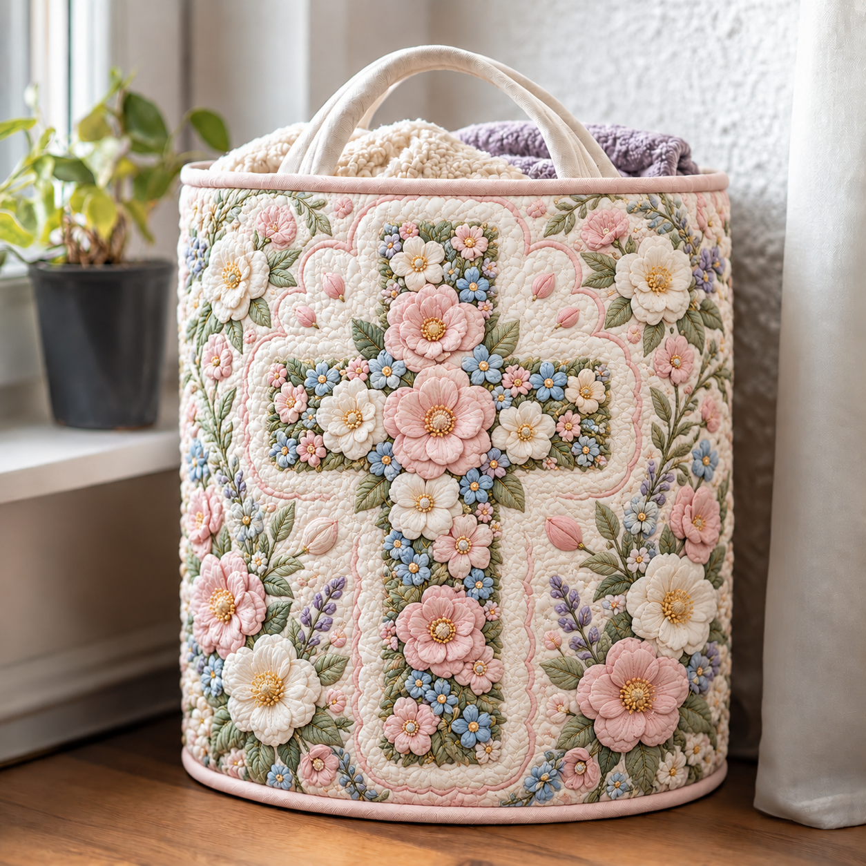 Pastel Blossom Cross Quilted Laundry Basket
