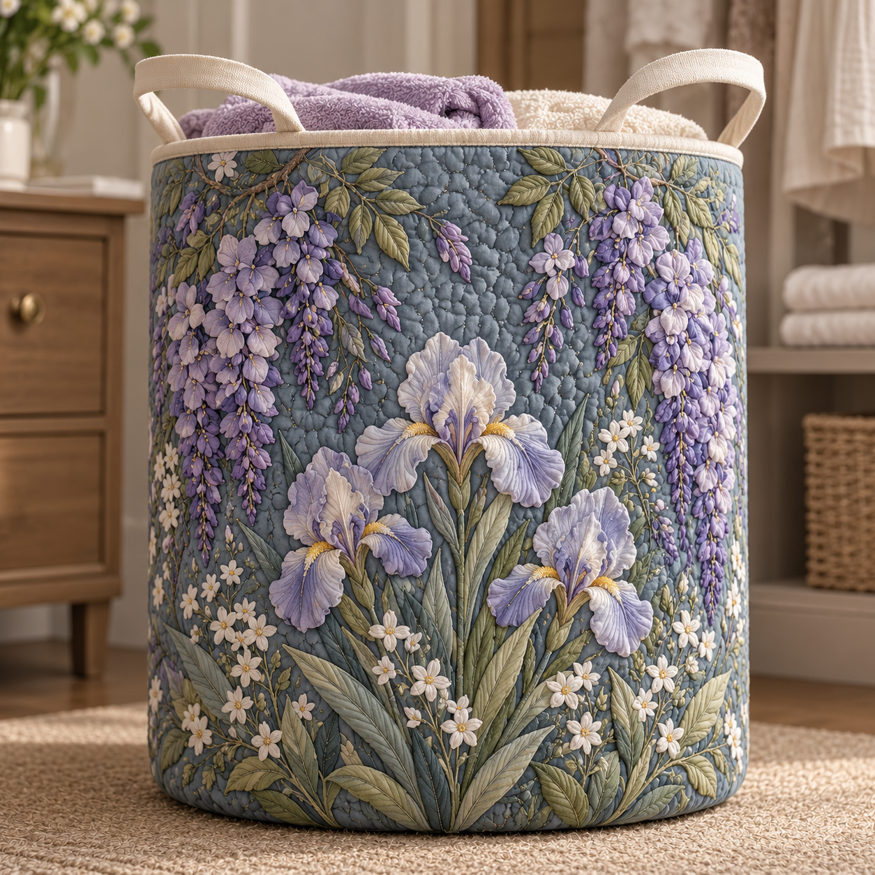 Blue Anemone Rose Garden Quilted Laundry Basket