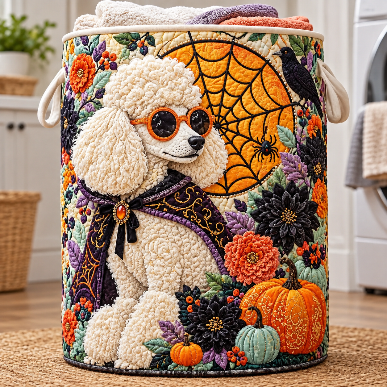 Spooky Poodle Spiderweb Quilted Laundry Basket