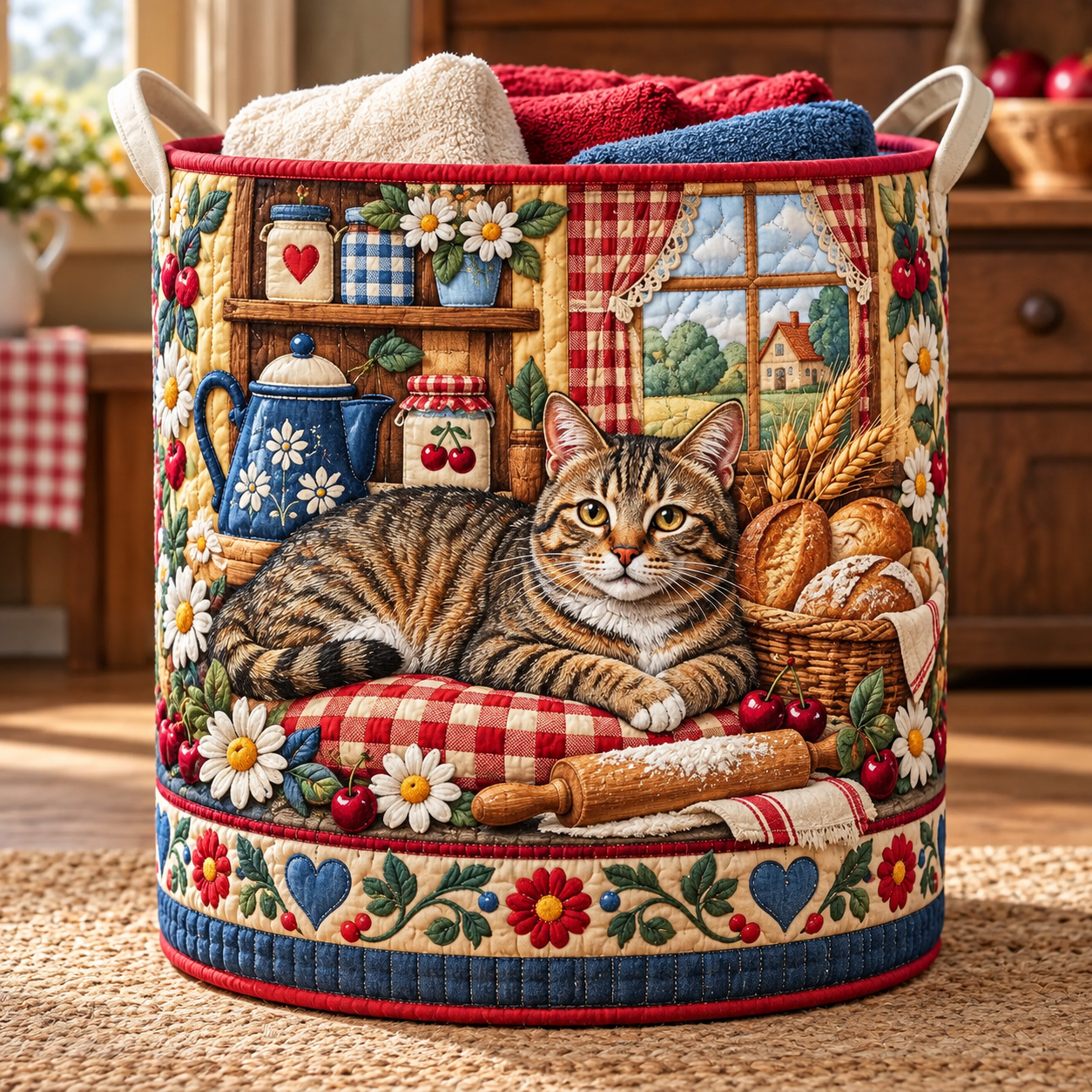 Cozy Cottage Cat Quilted Laundry Basket