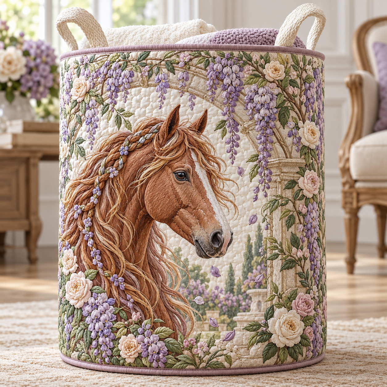 Chestnut Horse Wisteria Garden Quilted Laundry Basket