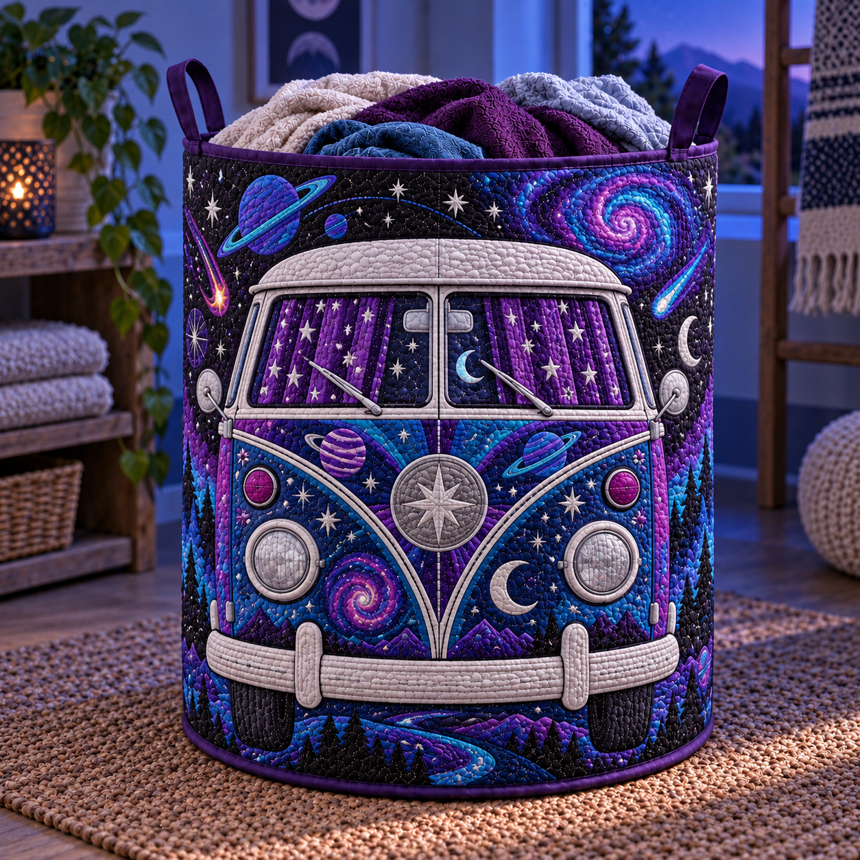 Cosmic Galaxy Hippie Van Quilted Laundry Basket