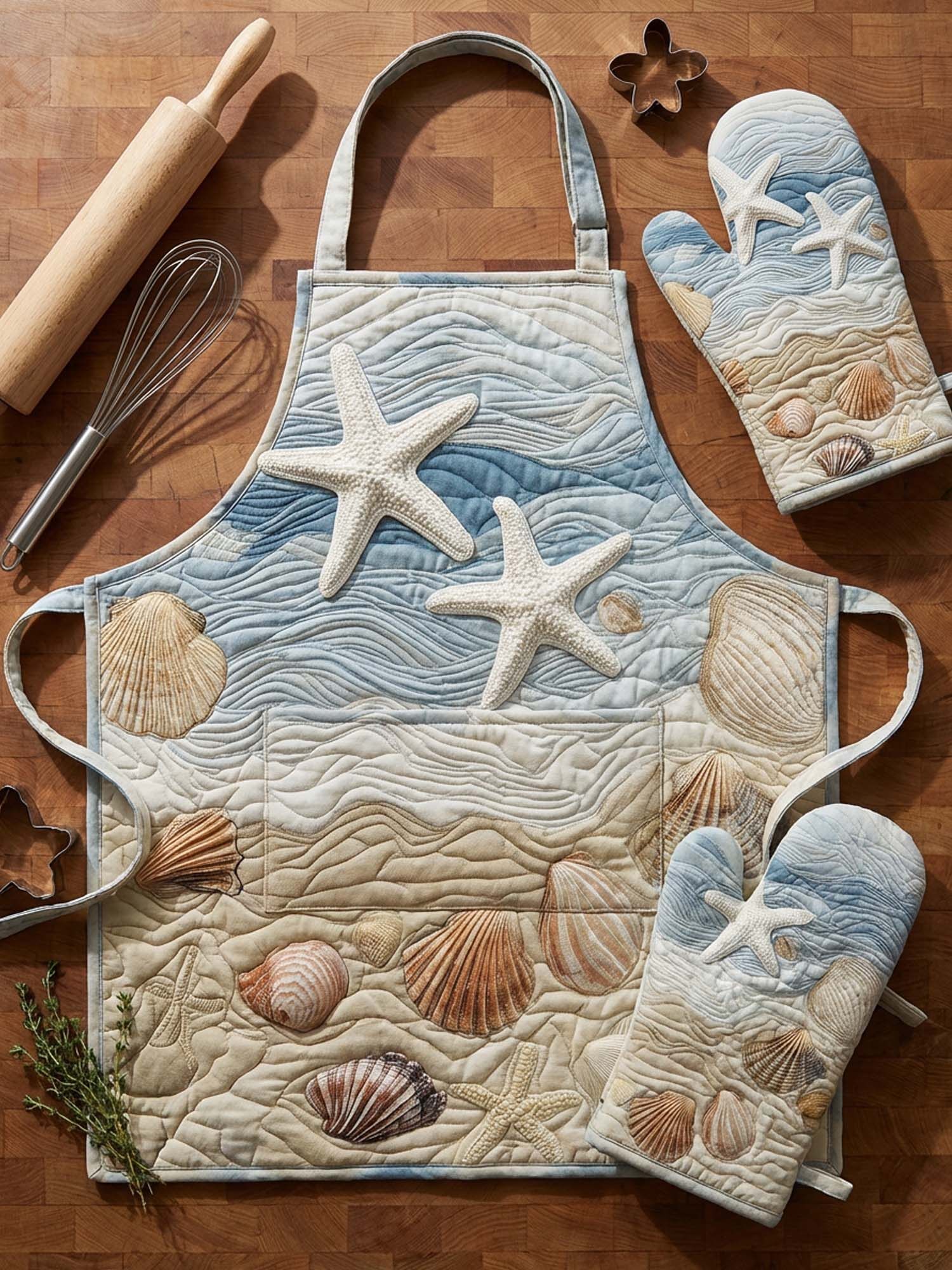 Seashells On The Beach Quilted Apron Set (2-Piece) – Padded Apron + Heat-Resistant Oven Mitts