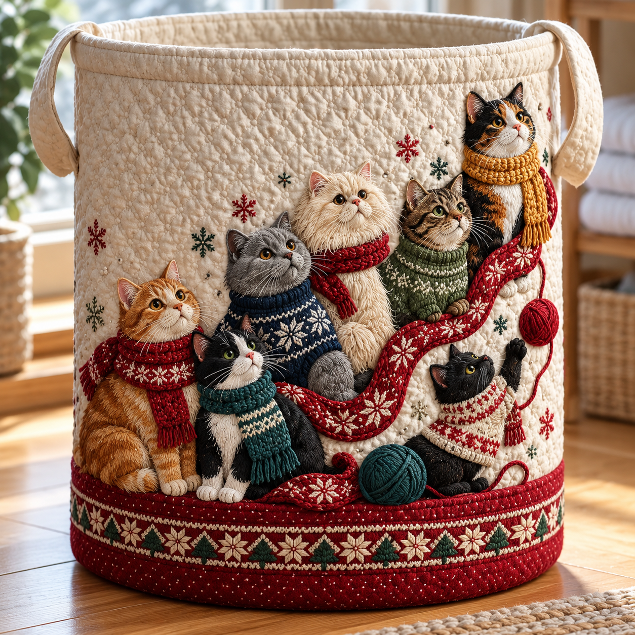 Festive Christmas Cat Family Quilted Laundry Basket
