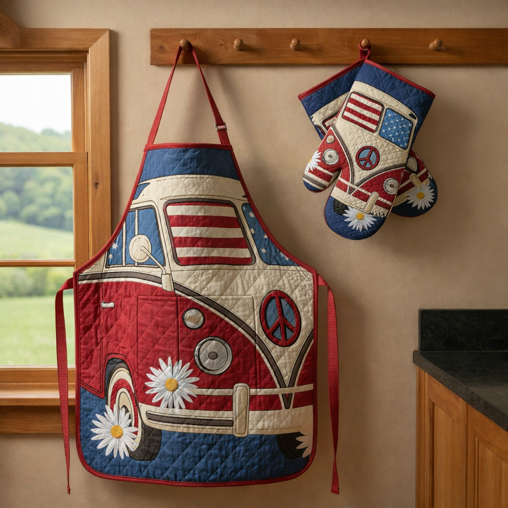 Hippie Van Quilted Apron Set (2-Piece) – Padded Apron + Heat-Resistant Oven Mitts