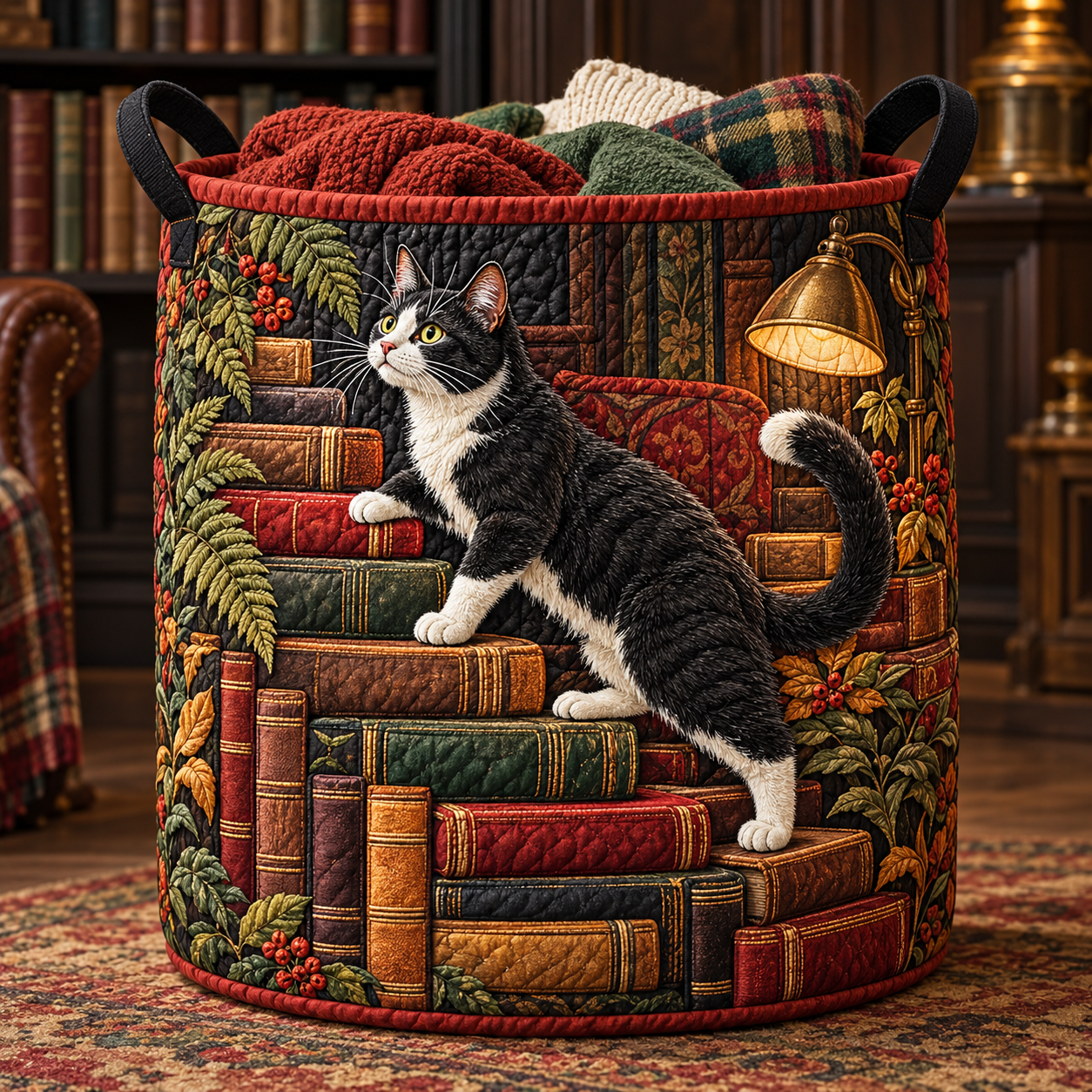 Tuxedo Cat Book Stack Quilted Laundry Basket