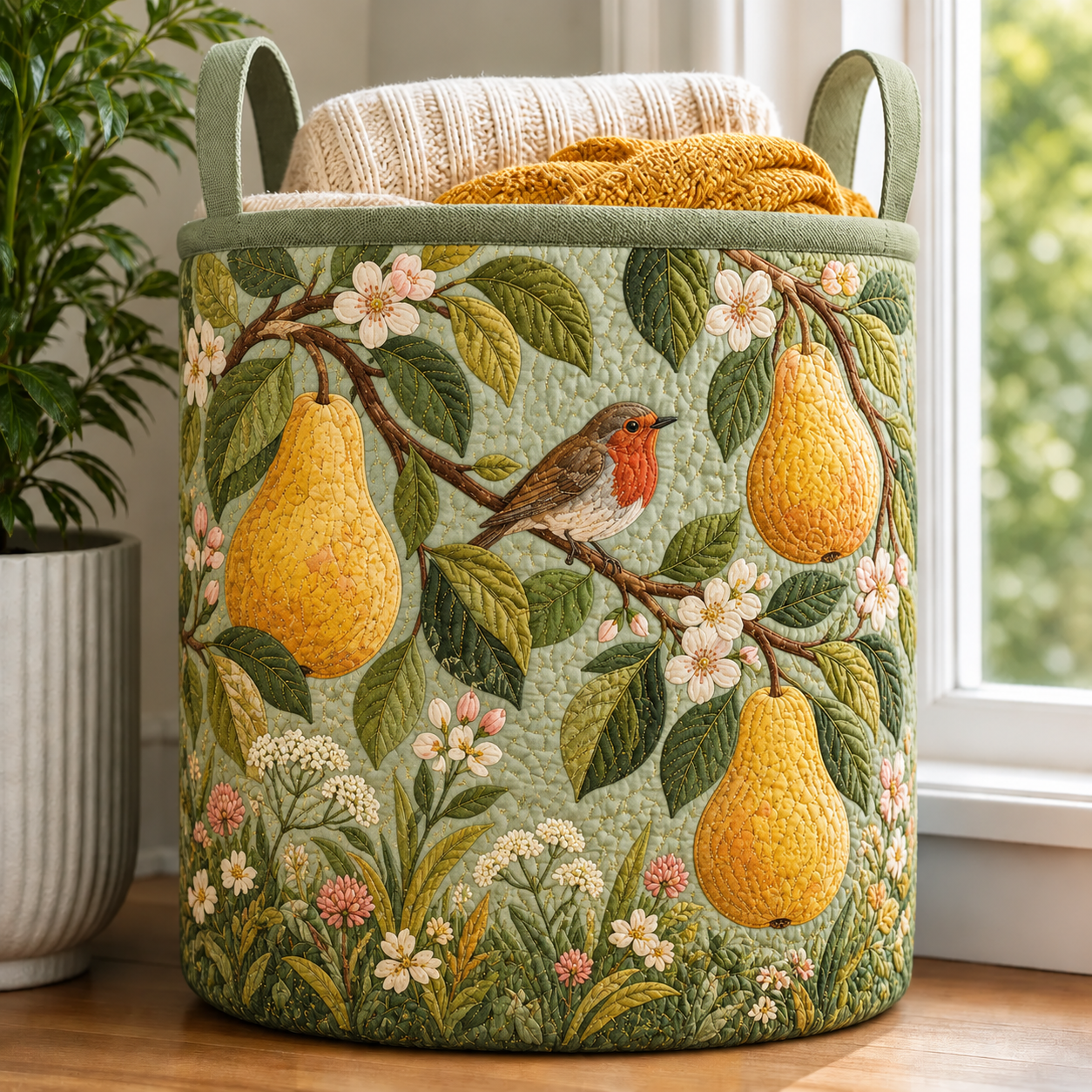 Pear Orchard Botanical Quilted Laundry Basket
