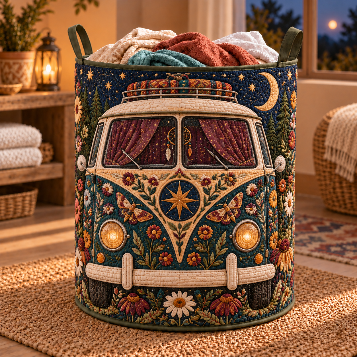 Moonlit Celestial Camper Van Quilted Laundry Basket