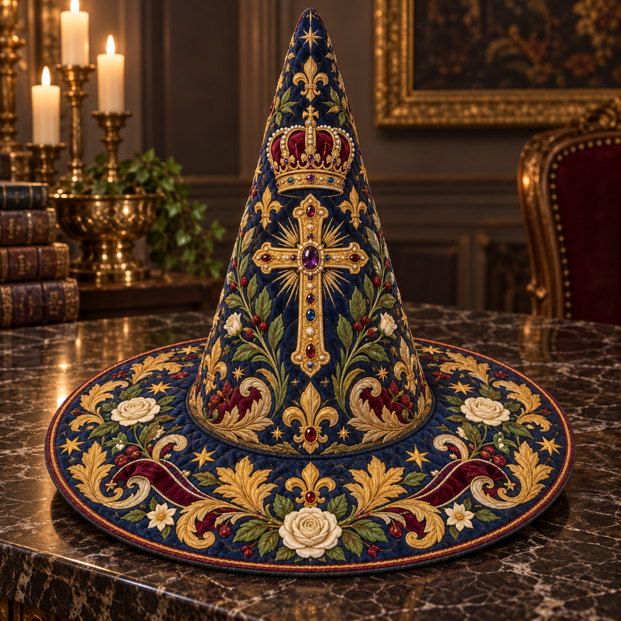 Ornate Cross Rose Garden Quilted Witch Hat