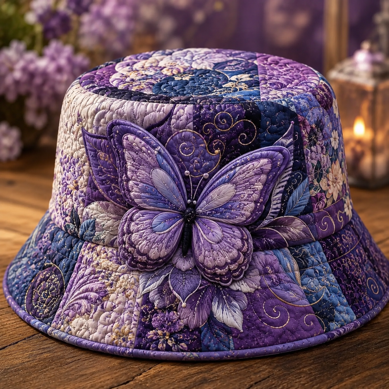 Lavender Butterfly Patchwork Quilted Fishing Hat