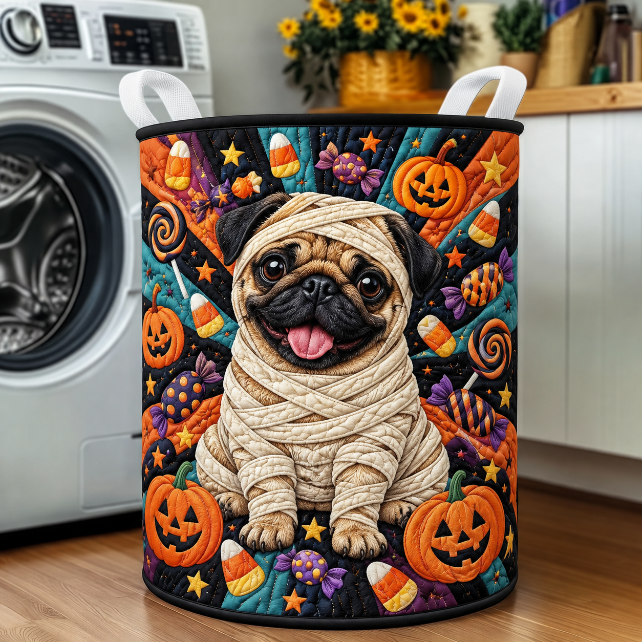 Mummy Pug Pumpkin Quilted Laundry Basket